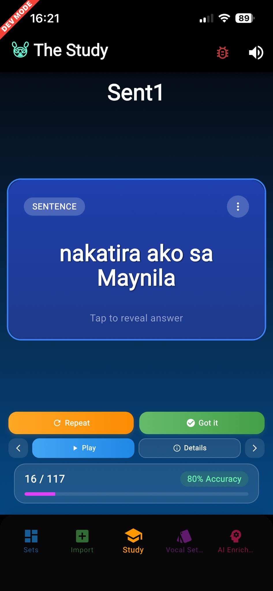 Lazy Language Dog: Study Flashcard Screen